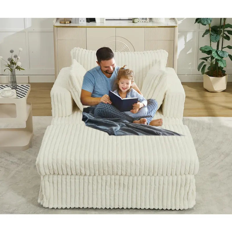 Chaise longue in velluto a coste beige da 121,4 cm con pouf