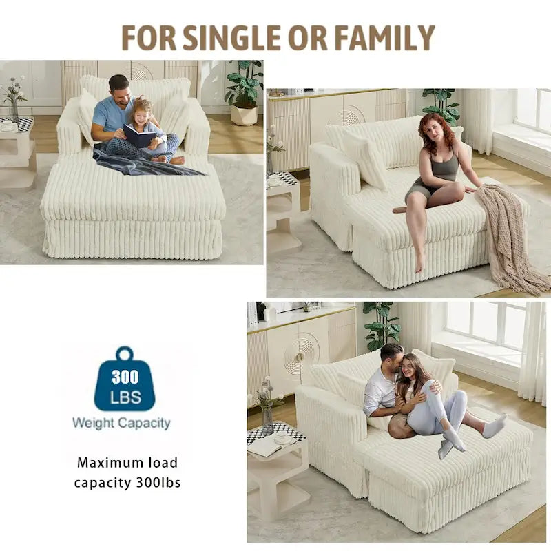 Chaise longue in velluto a coste beige da 121,4 cm con pouf