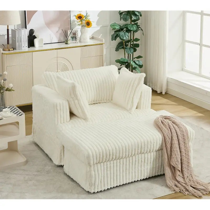 Chaise longue in velluto a coste beige da 121,4 cm con pouf