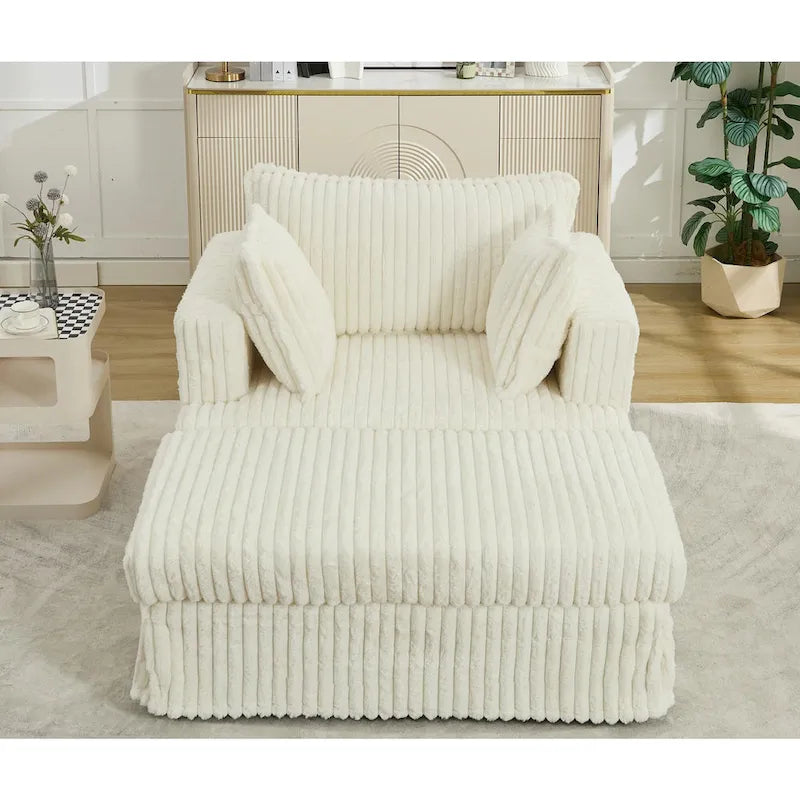 Chaise longue in velluto a coste beige da 121,4 cm con pouf