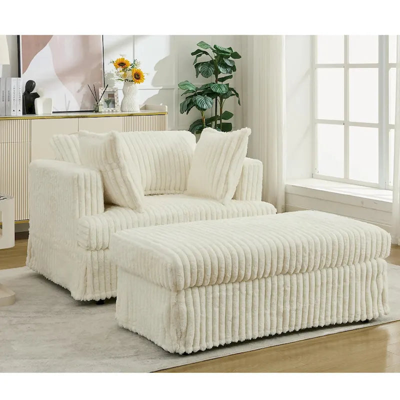Chaise longue in velluto a coste beige da 121,4 cm con pouf