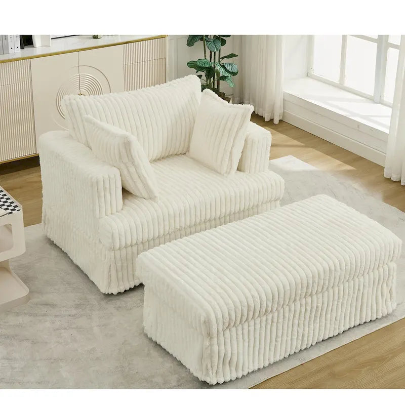 Chaise longue in velluto a coste beige da 121,4 cm con pouf