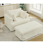 Chaise longue in velluto a coste beige da 121,4 cm con pouf