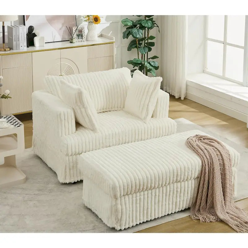 Chaise longue in velluto a coste beige da 121,4 cm con pouf