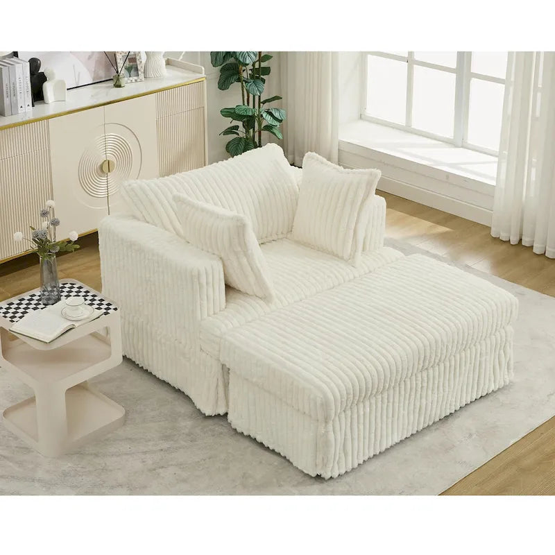 Chaise longue in velluto a coste beige da 121,4 cm con pouf