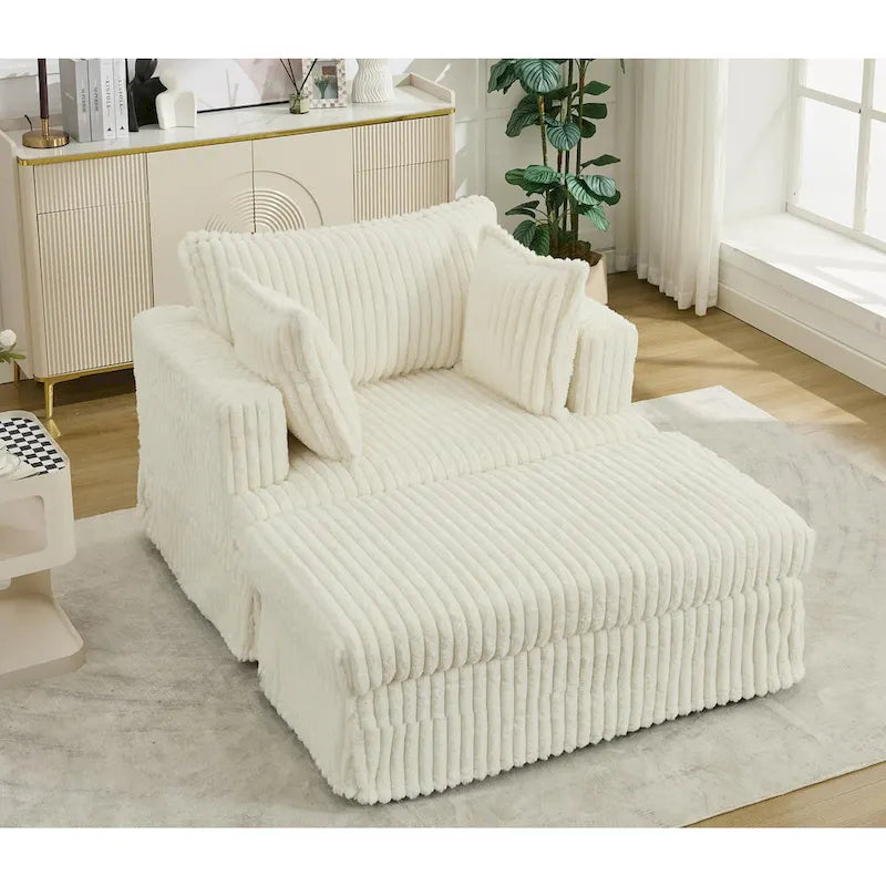 Chaise longue in velluto a coste beige da 121,4 cm con pouf