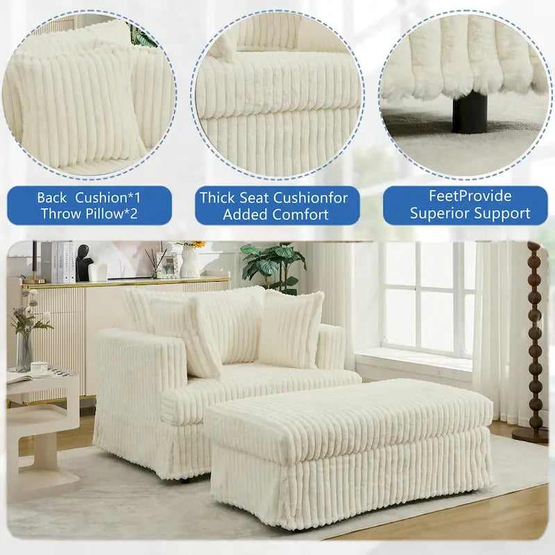 Chaise longue in velluto a coste beige da 121,4 cm con pouf