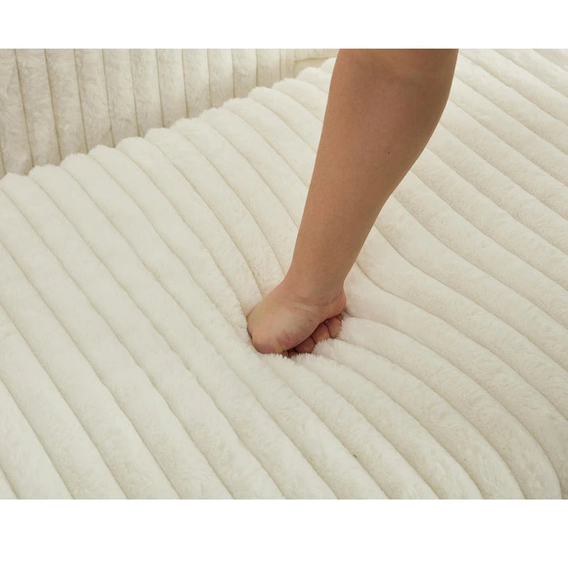 Chaise longue in velluto a coste beige da 121,4 cm con pouf
