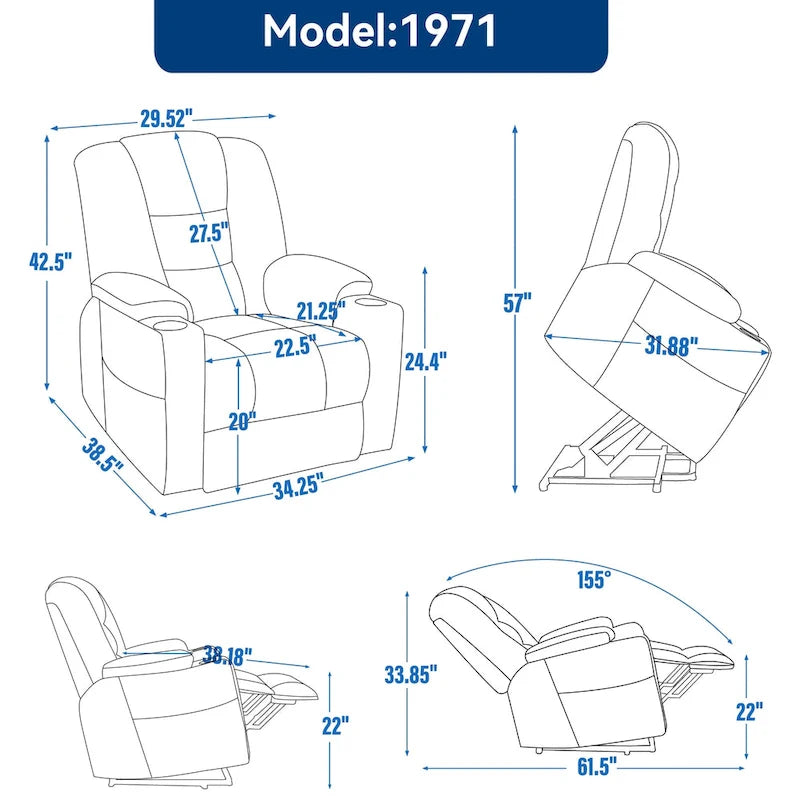 Poltrona Reclinabile Power Lift con Massaggio, Calore, Porte USB e Portabicchieri