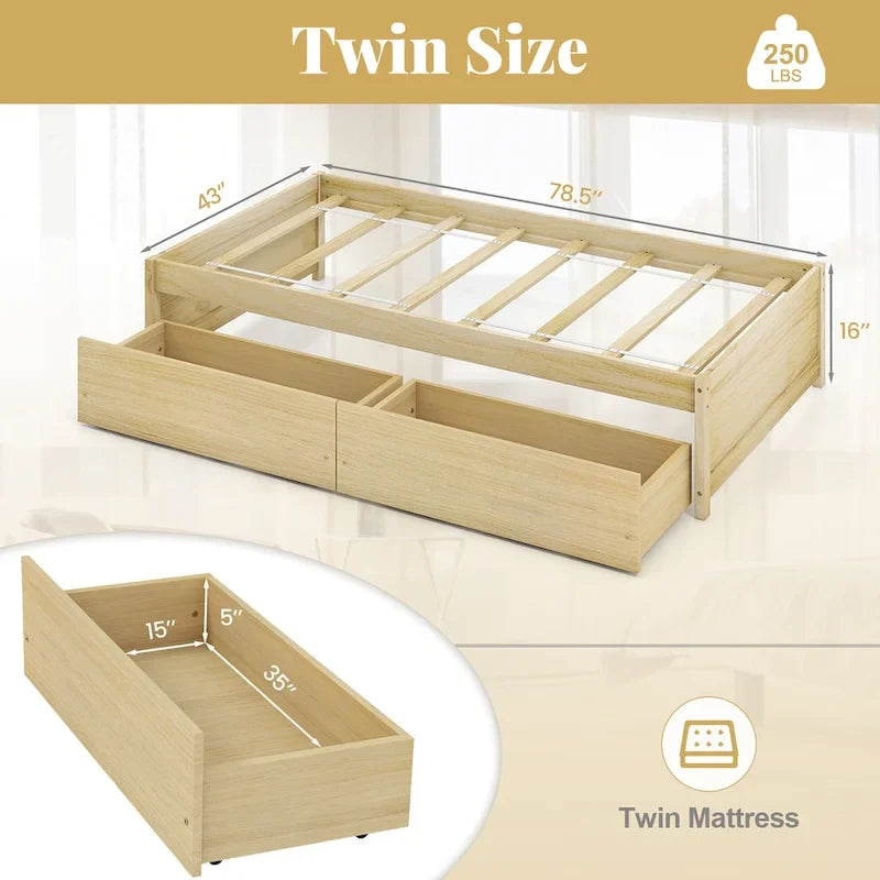 Letto singolo con cassetti contenitore e doghe di supporto