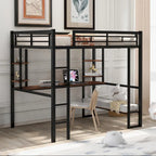 Letto a soppalco in metallo full size con scrivania e mensole – Nero