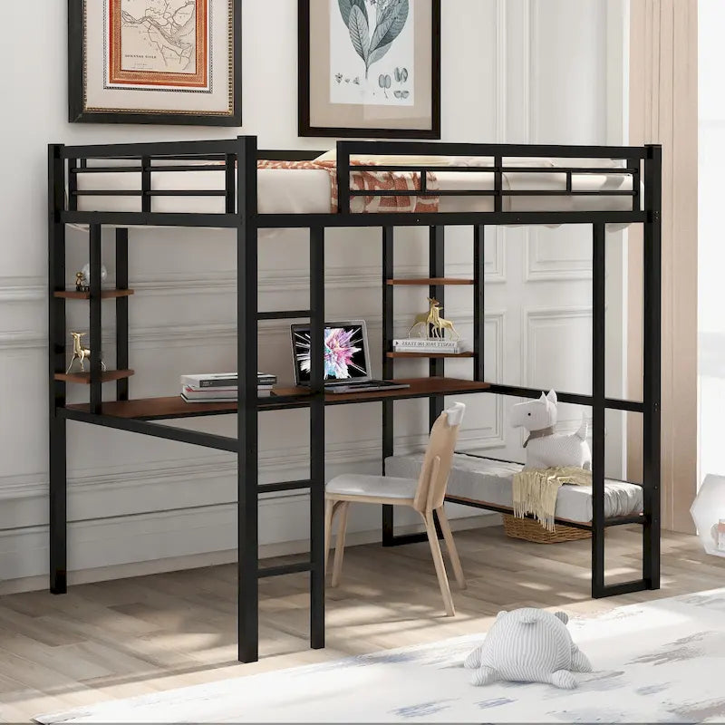 Letto a soppalco in metallo full size con scrivania e mensole – Nero