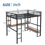 Black Full Size Metal Loft Bed with Long Desk and Shelves for Kids, Boys and Girls