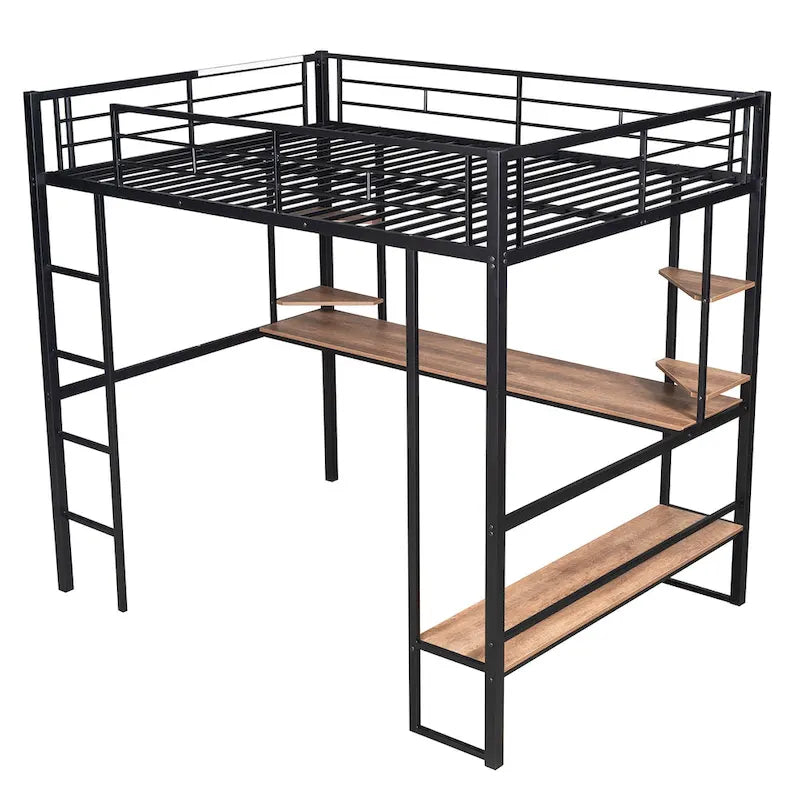 Letto a soppalco in metallo full size con scrivania e mensole – Nero