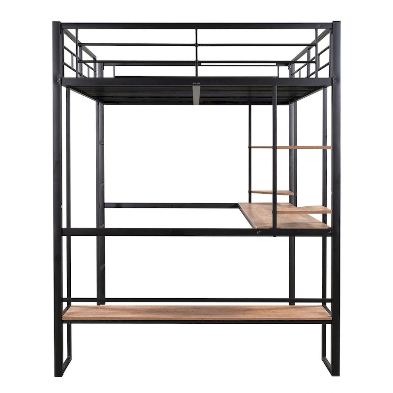 Letto a soppalco in metallo full size con scrivania e mensole – Nero