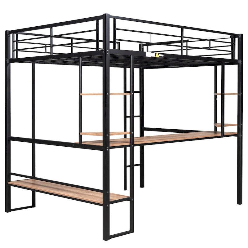 Letto a soppalco in metallo full size con scrivania e mensole – Nero