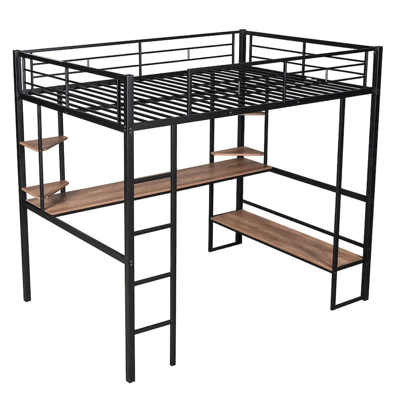 Letto a soppalco in metallo full size con scrivania e mensole – Nero