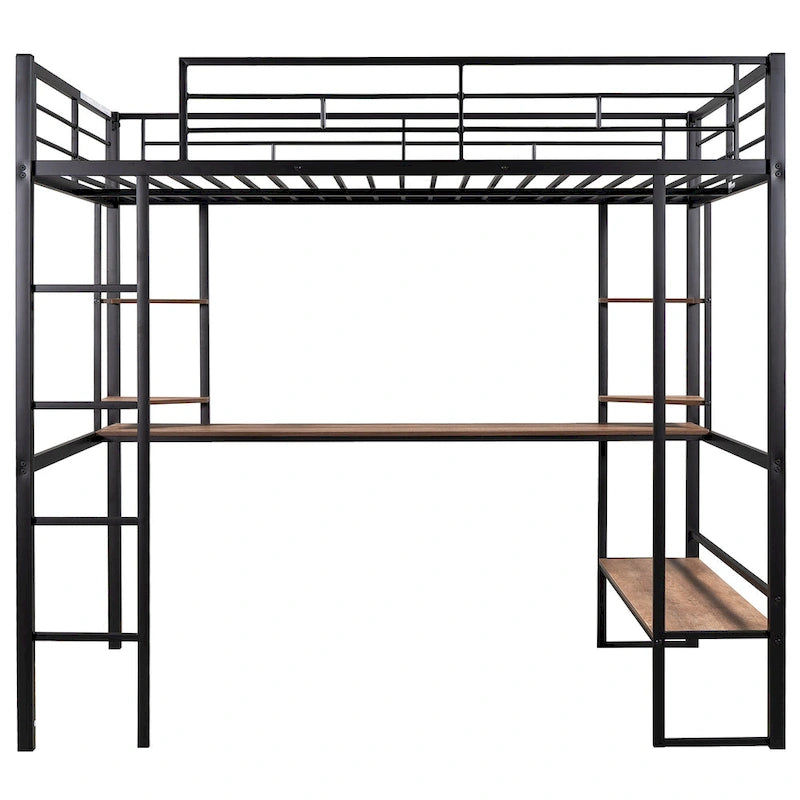 Letto a soppalco in metallo full size con scrivania e mensole – Nero