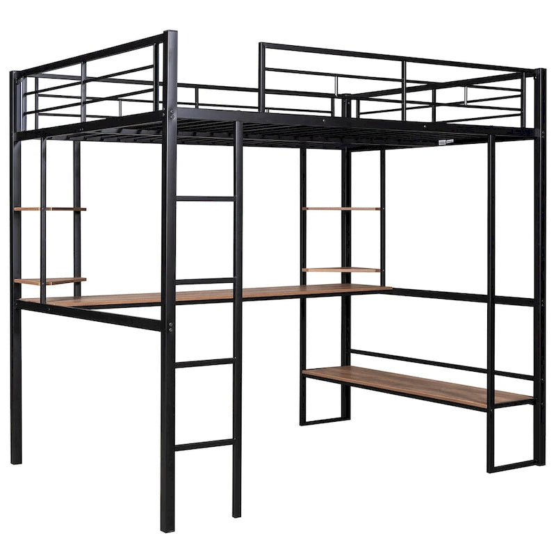 Letto a soppalco in metallo full size con scrivania e mensole – Nero