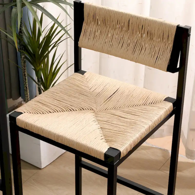 Set of 2 Paper Rope Weave Bar Stools with Footrest