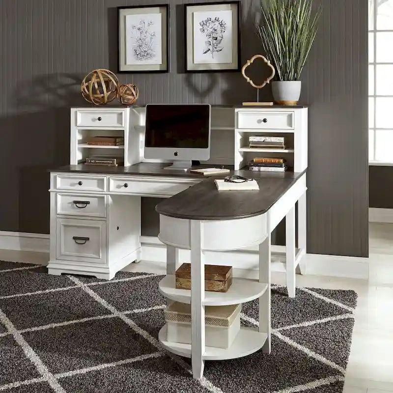 Set scrivania a L con credenza, color carbone bianco spazzolato