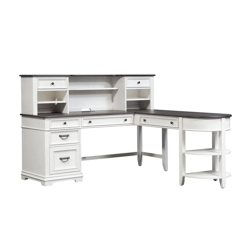 Set scrivania a L con credenza, color carbone bianco spazzolato