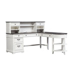 Set scrivania a L con credenza, color carbone bianco spazzolato