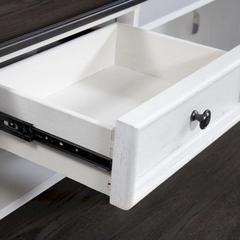 Set scrivania a L con credenza, color carbone bianco spazzolato
