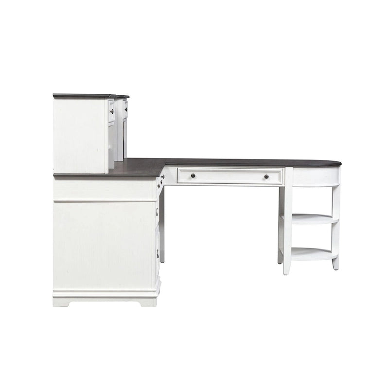 Set scrivania a L con credenza, color carbone bianco spazzolato