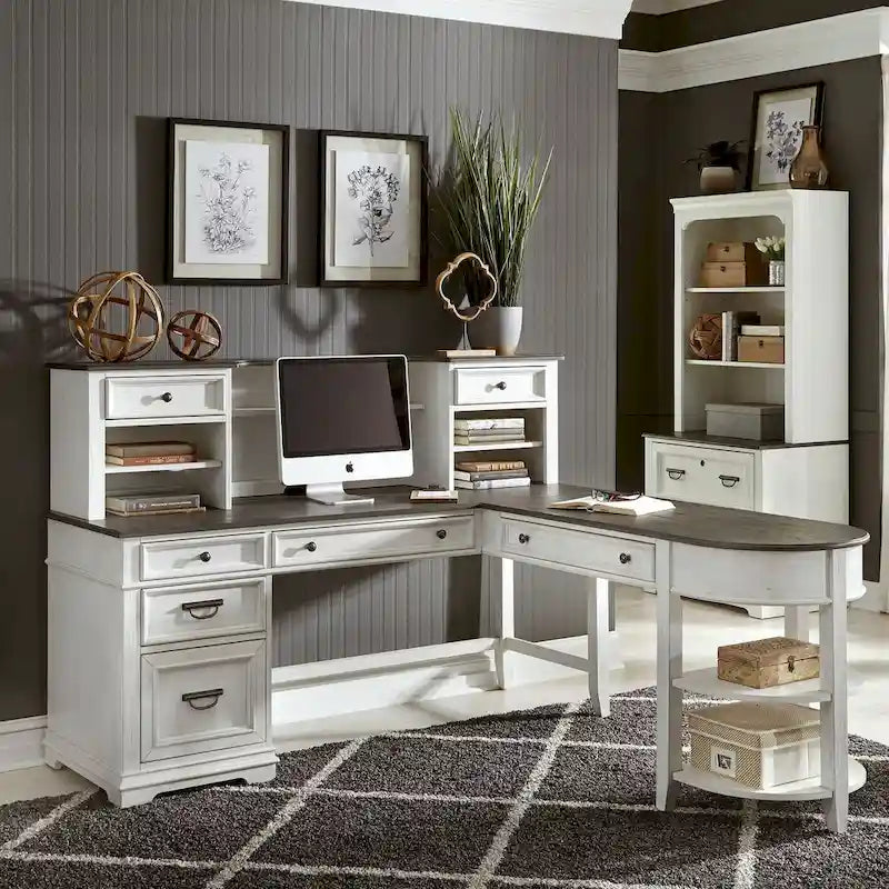 Set scrivania a L con credenza, color carbone bianco spazzolato