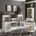 Set scrivania a L con credenza, color carbone bianco spazzolato