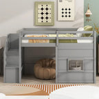 Letto a soppalco singolo con scala contenitore e finestra, grigio