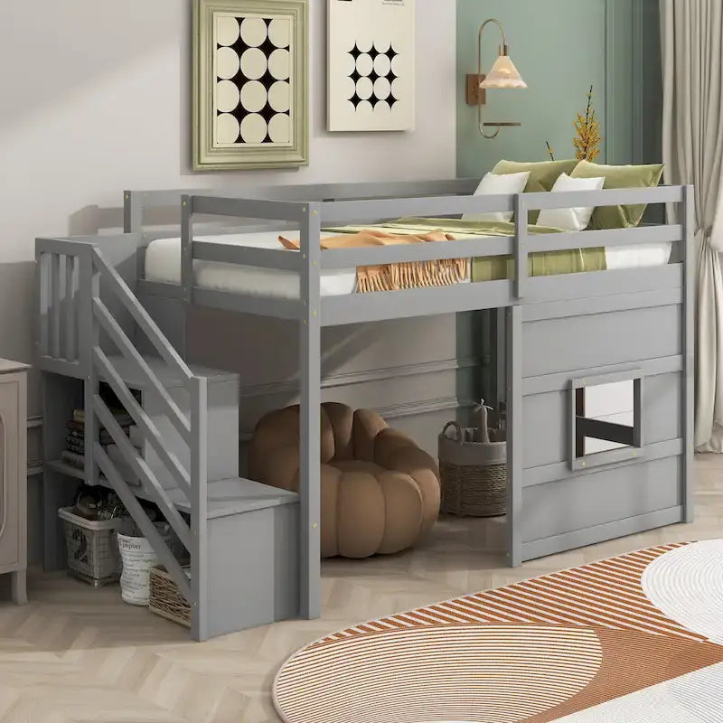 Letto a soppalco singolo con scala contenitore e finestra, grigio