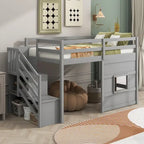 Letto a soppalco singolo con scala contenitore e finestra, grigio