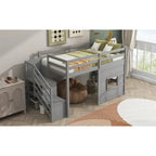Letto a soppalco singolo con scala contenitore e finestra, grigio