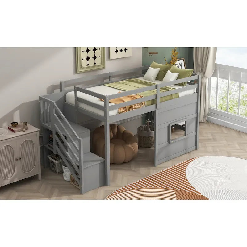 Letto a soppalco singolo con scala contenitore e finestra, grigio