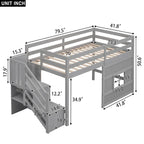Letto a soppalco singolo con scala contenitore e finestra, grigio
