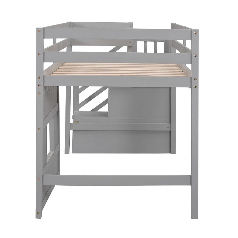 Letto a soppalco singolo con scala contenitore e finestra, grigio