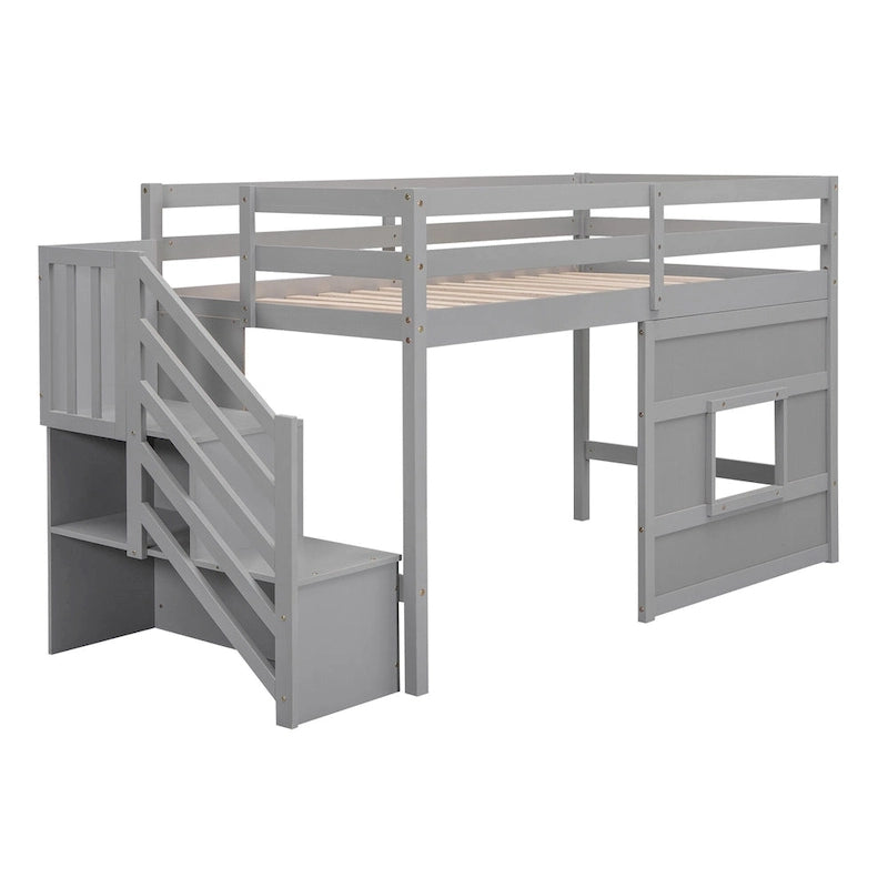 Letto a soppalco singolo con scala contenitore e finestra, grigio
