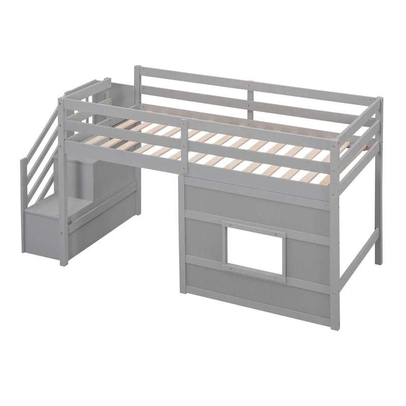 Letto a soppalco singolo con scala contenitore e finestra, grigio