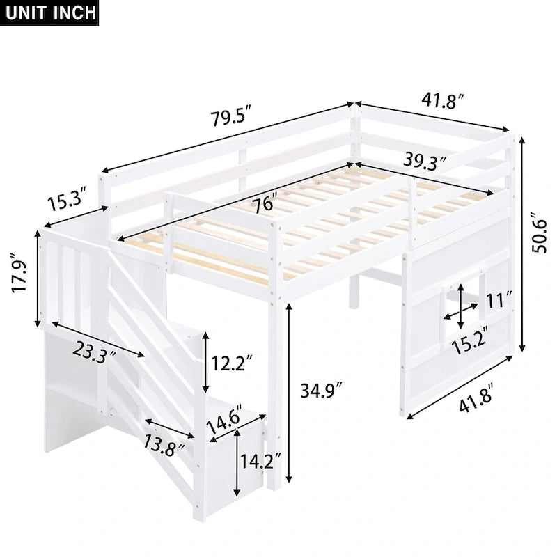 Letto a soppalco singolo con scala contenitore e finestra, grigio