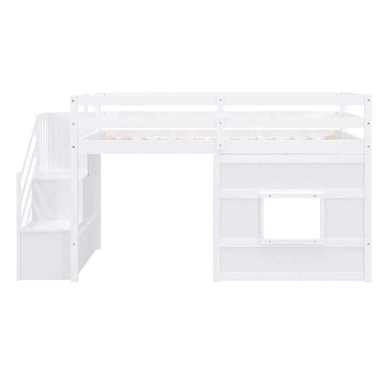 Letto a soppalco singolo con scala contenitore e finestra, grigio