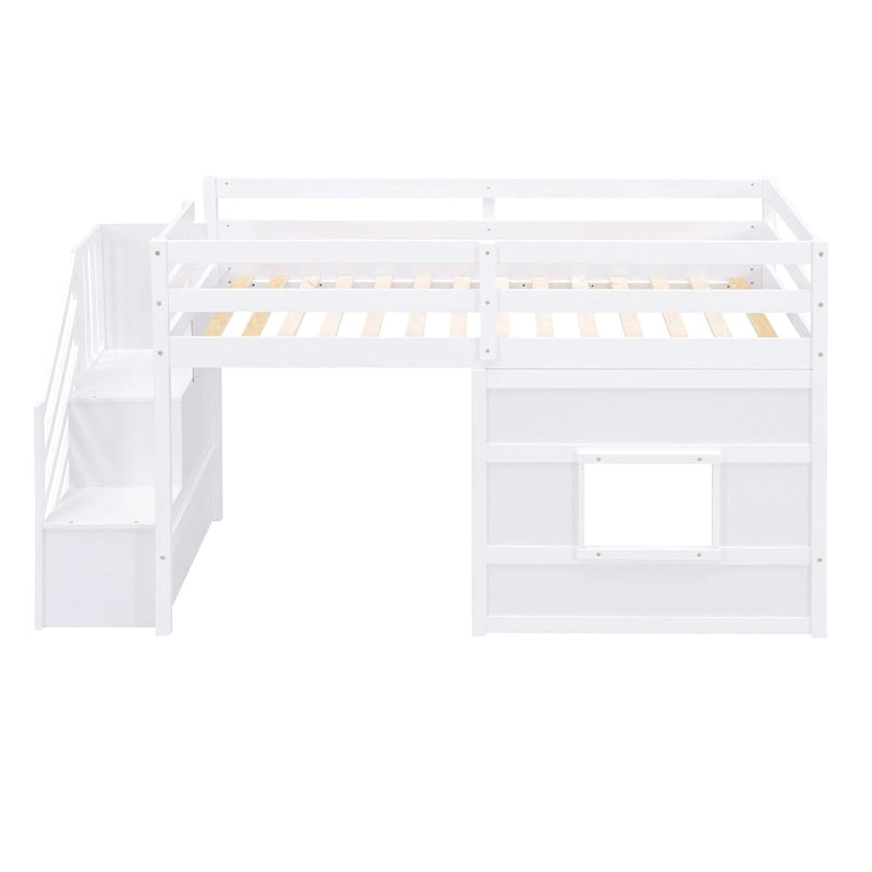 Letto a soppalco singolo con scala contenitore e finestra, grigio