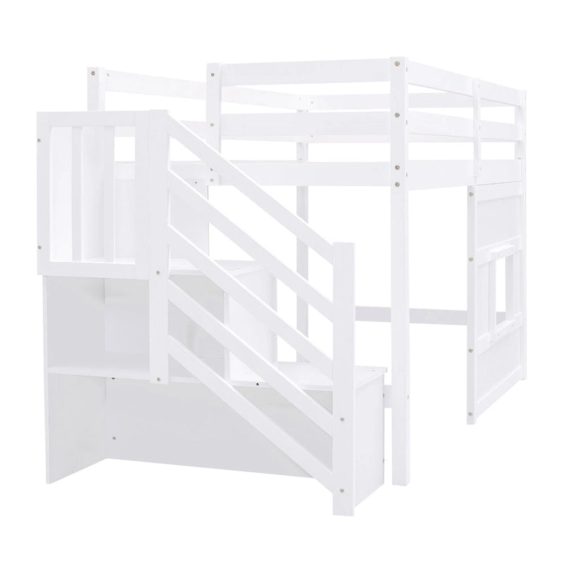 Letto a soppalco singolo con scala contenitore e finestra, grigio