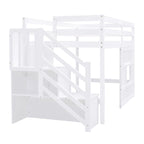 Letto a soppalco singolo con scala contenitore e finestra, grigio