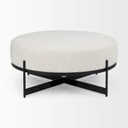 Pouf rotondo in tessuto bouclé color crema con base in metallo nero