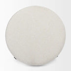 Pouf rotondo in tessuto bouclé color crema con base in metallo nero