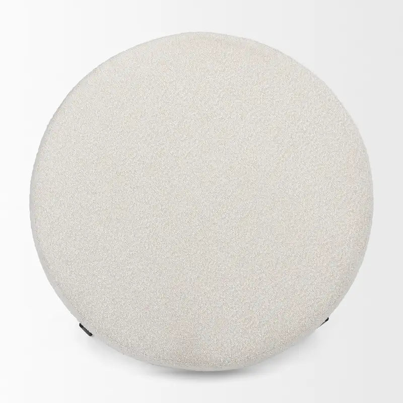 Pouf rotondo in tessuto bouclé color crema con base in metallo nero
