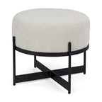 Pouf rotondo in tessuto bouclé color crema con base in metallo nero