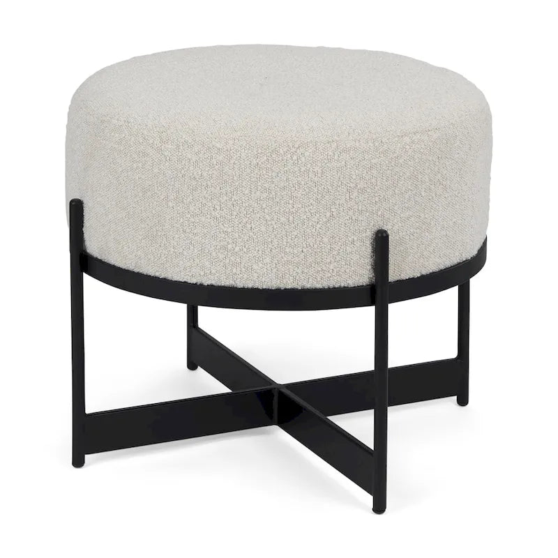 Pouf rotondo in tessuto bouclé color crema con base in metallo nero